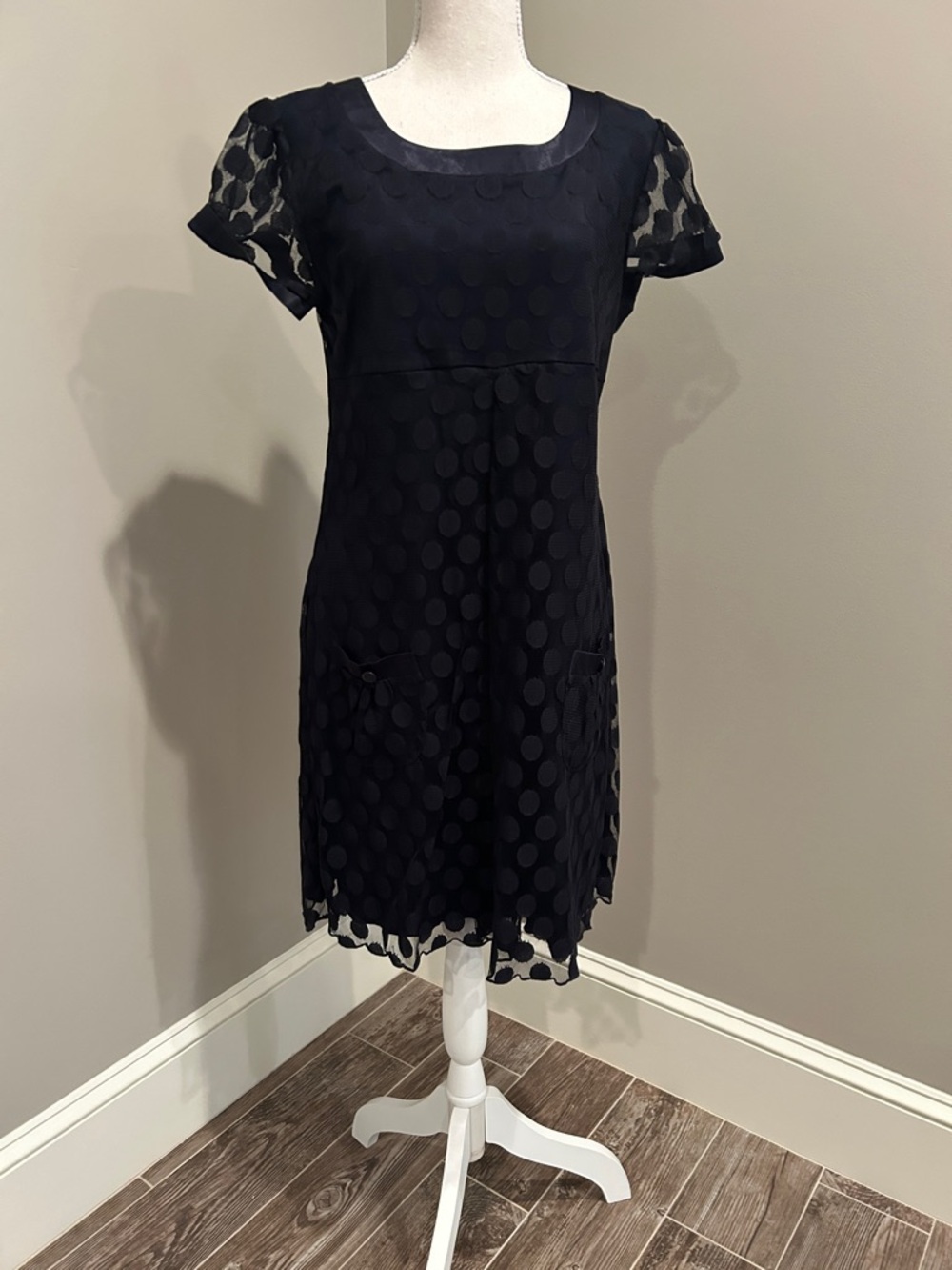 Enfocus Studio Navy Blue Polka Dot Sheer Sleeve Mini Dress
